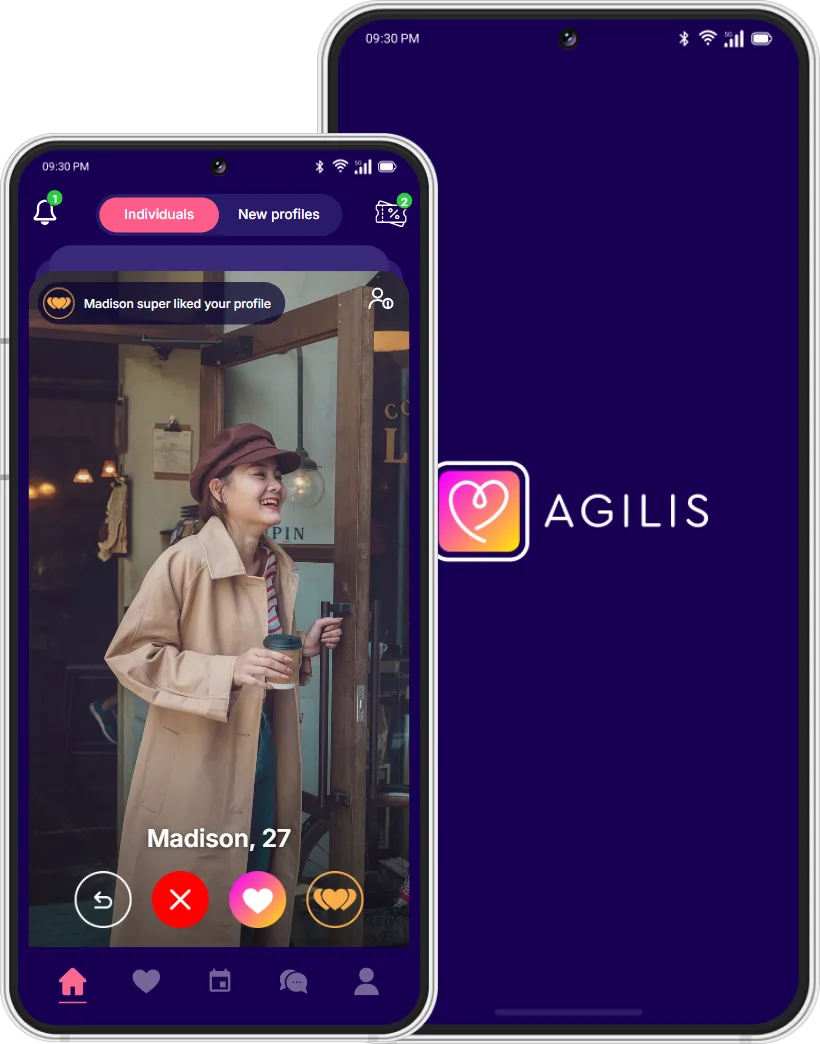 The Agilis app on two phones: the welcome screen behind, and in front the Home screen showing Madison, 27, a notice that she super liked your profile, and the pass, like and super-like buttons